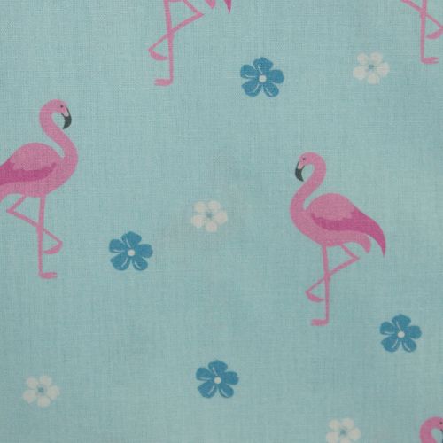 Blauwe katoen met flamingo's en bloempjes